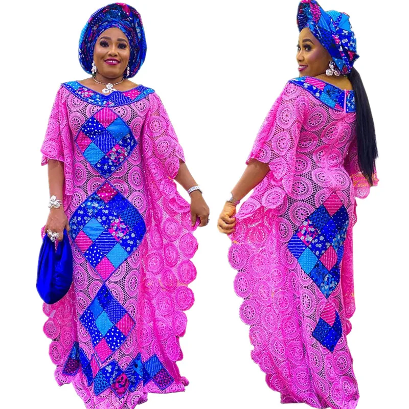 Vestidos de renda africana para mulheres, Abaya Ankara Kaftan Robe, vestido longo de noite feminino, Mama Boubou, Dashiki, conjuntos 2 pcs