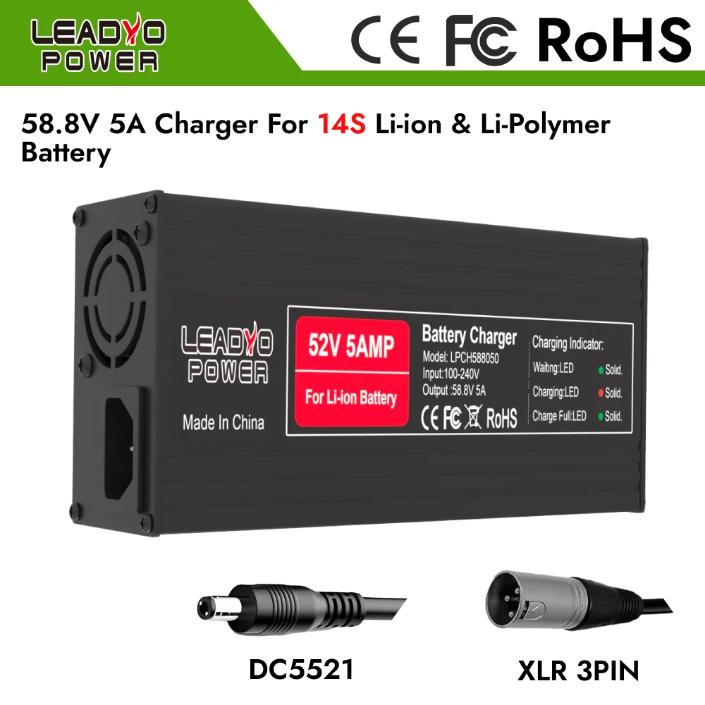 

58.8V 5A Charger for 14S 52V Li-ion Battery Electric Bike Ebike With DC2.1 XLR-3pin Plug Optional 52V Lithium Battery Charger