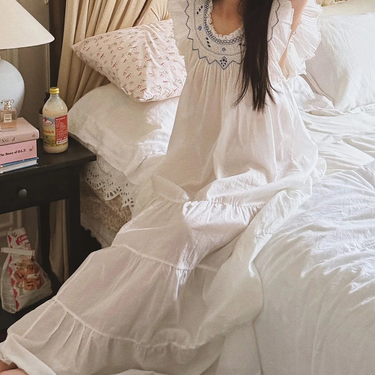Women Japan Sleepwear 100% Cotton Soft Blue Autumn Winter Cute Pajamas with Small Floral Plaid French Home Suit Two Piece Set view 3