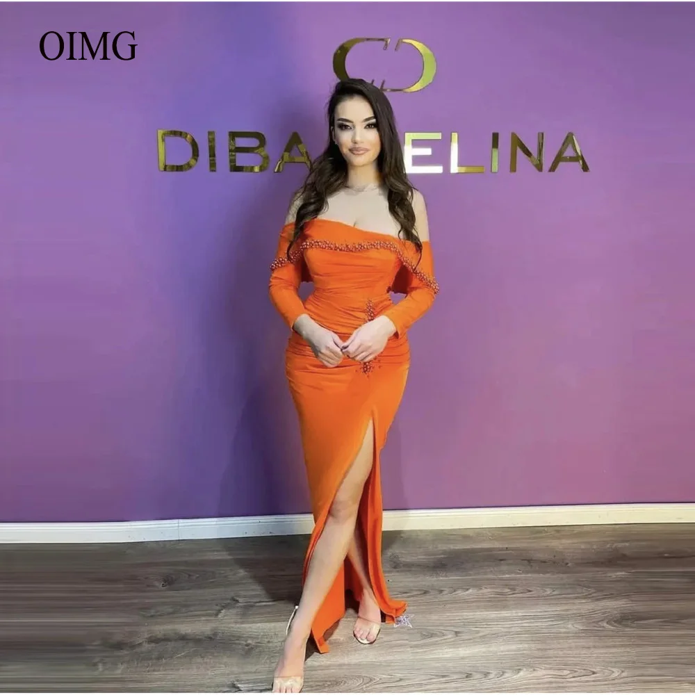 Orange/Blue/Green/Purple Stretch Satin Mermaid Evening Dresses Off Shoulder Long Sleeves Pearls Side Slit Women Prom Gown