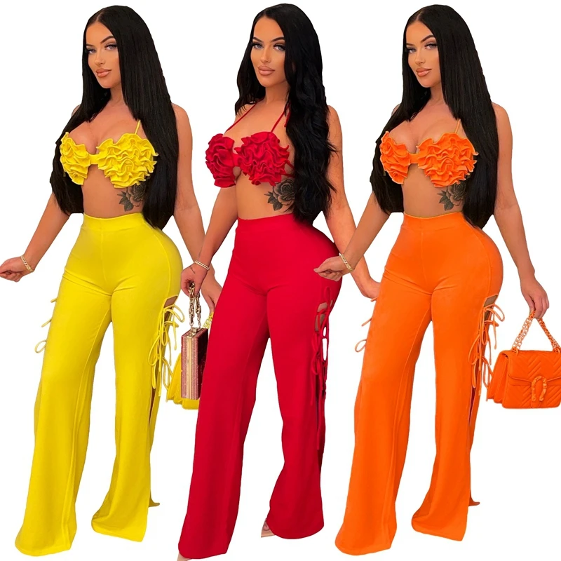 Summer Two Piece Pants Set Women Elegant Flowers Crop Top + Wide Leg Pants Suits Matching Sets Sexy Club Beach Outfits for Women