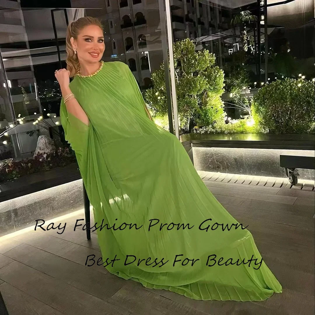 Bescheiden Rechte Galajurk Chiffon O-Hals Met Gelaagde Ruches Groene Vloerlengte Voor Dames Formele Feestjurken Vestidos De Noche