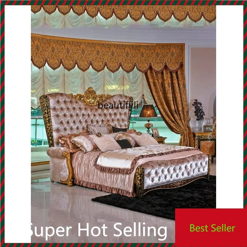 

QQ132 European Style Solid Wood Fabric Bed Vintage Craft French Carved Marriage Bed Double Princess Bed