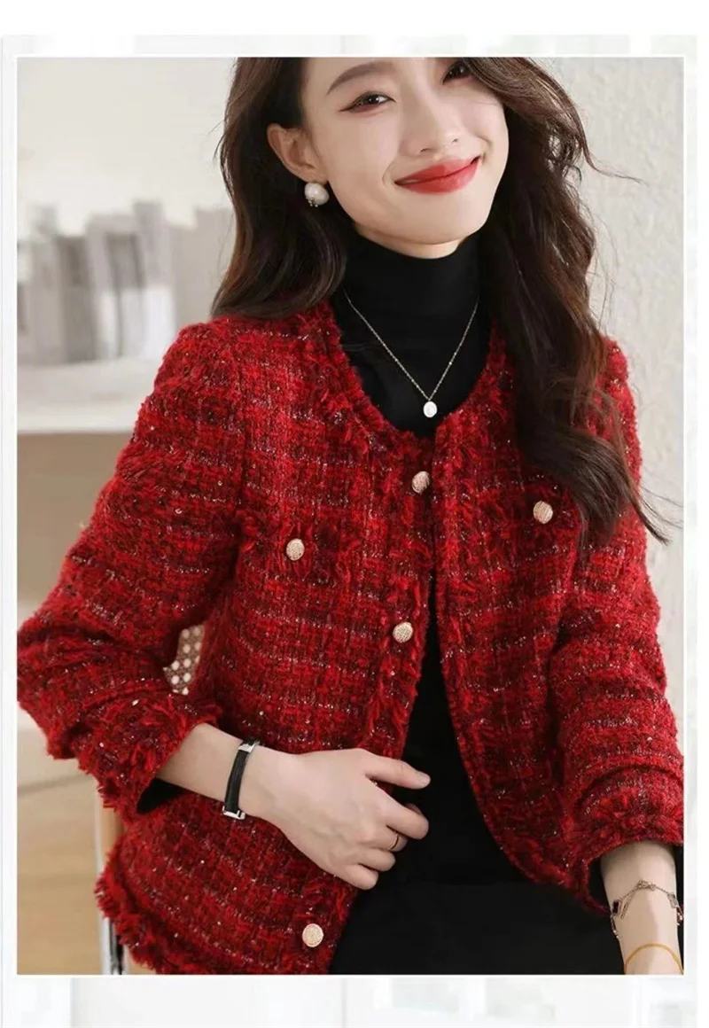 2025 New Autumn Jacket French High end Temperament Red Fragrant Coat Women Short Thick Tweed Outwear Female Cropped Jacket Tops