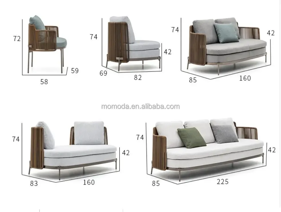 Momoda Outdoor-Gartensofa-Set aus Edelstahl und Seil für Luxusmöbel im Strand, Villia, Hotel, Innenhof