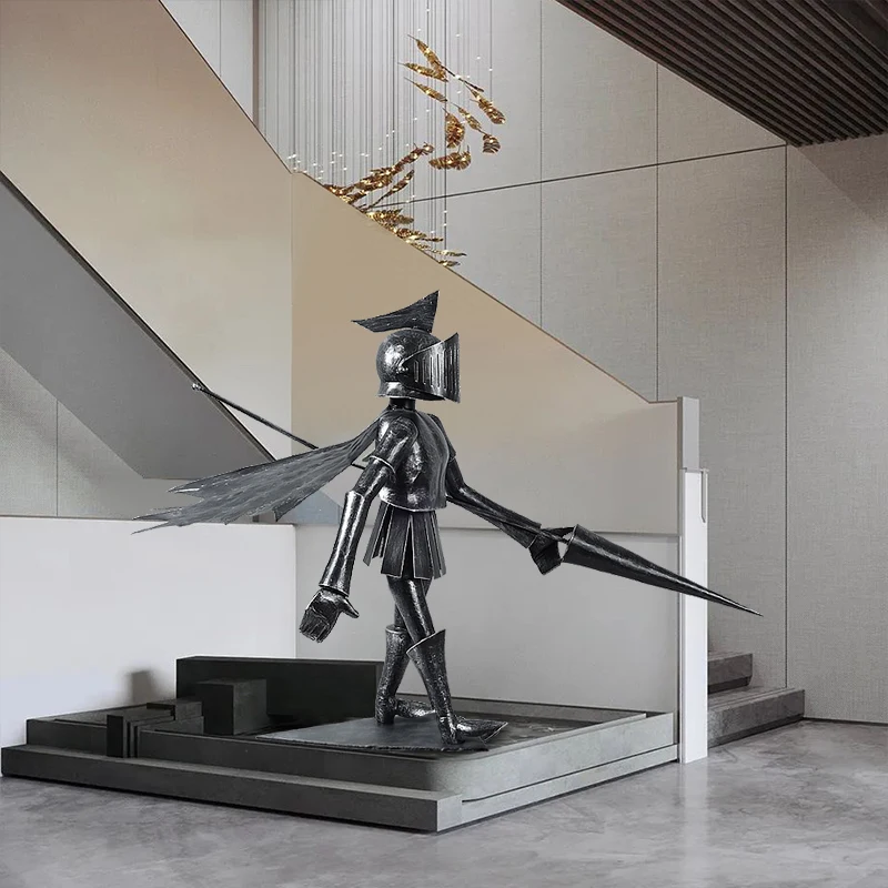 Metal floor knight sculpture. Hotel villa lobby corridor large decoration.