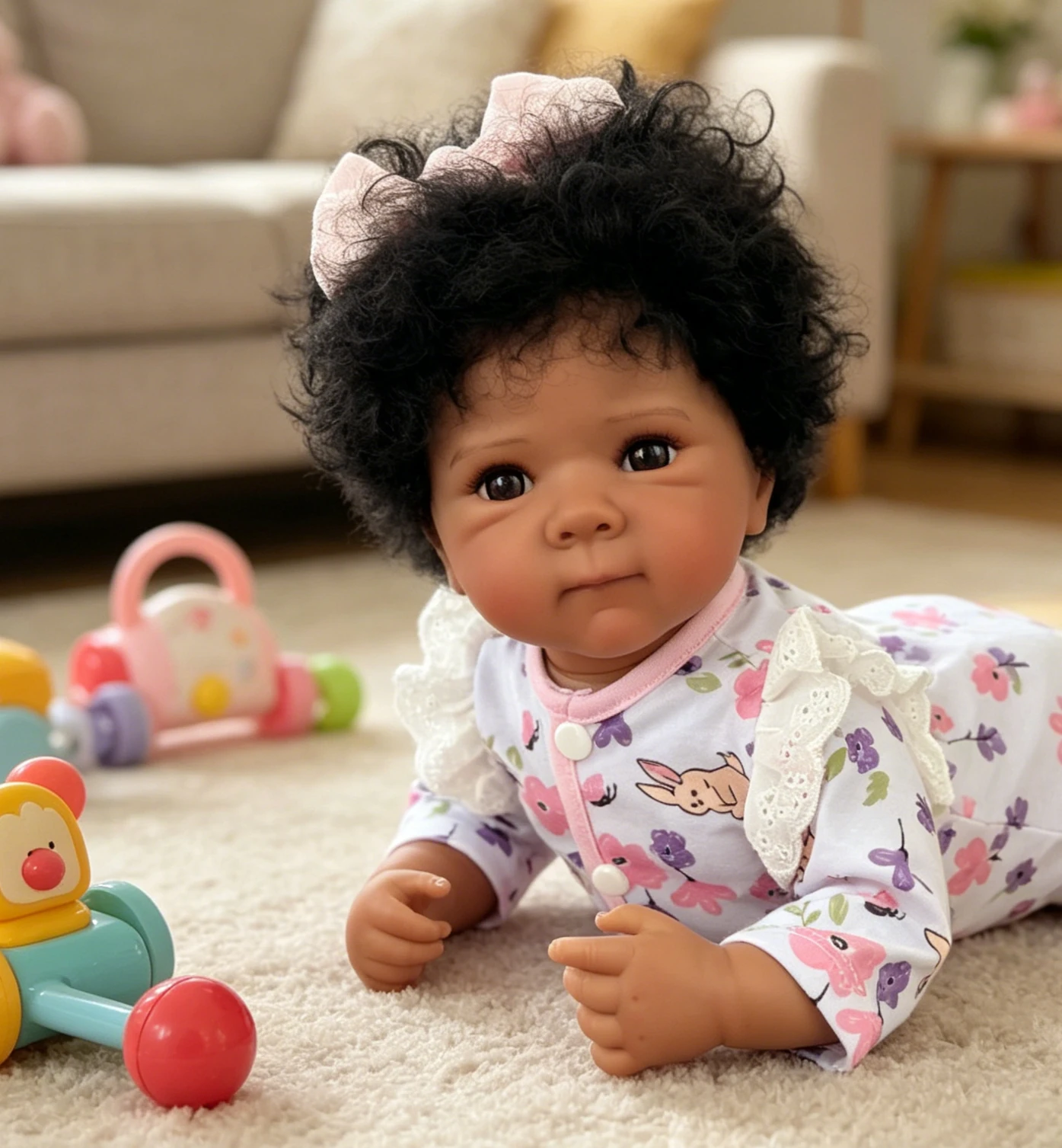 

48CM Reborn Bettie Realistic Newborn Full Body Vinyl Dark Skin with Implanted Black Curly Hair Very Lifelike Baby Gift