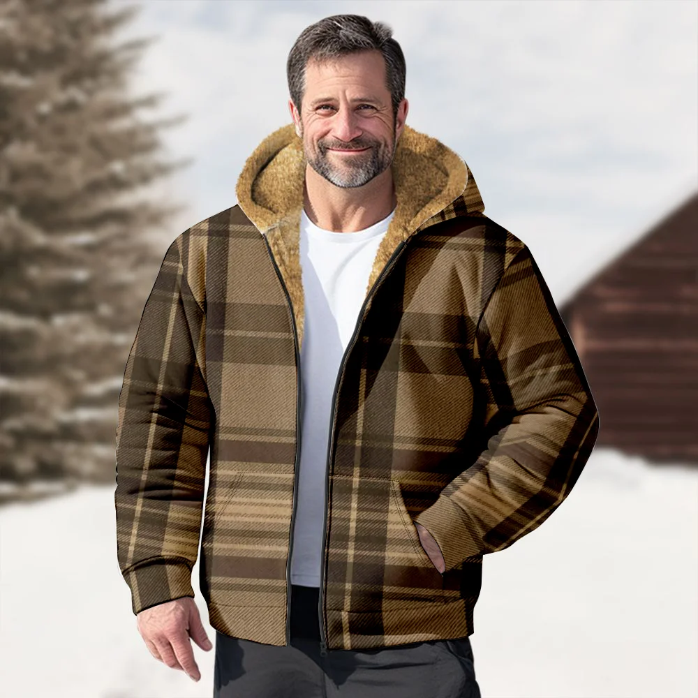 Abrigos de chaquetas de invierno para hombre, ropa de algodón con patrón de cuadros marrón Retro, abrigo portátil de estilo 3D para fiesta