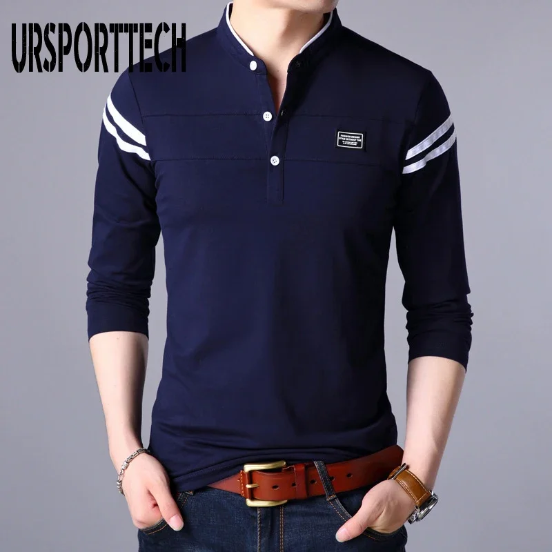 URSPORTTECH Men Long Sleeve T Shirt Spring Autumn Solid Tshirt Men's Clothing Mandarin Collar T-Shirts Tops Polo T Shirt for Men