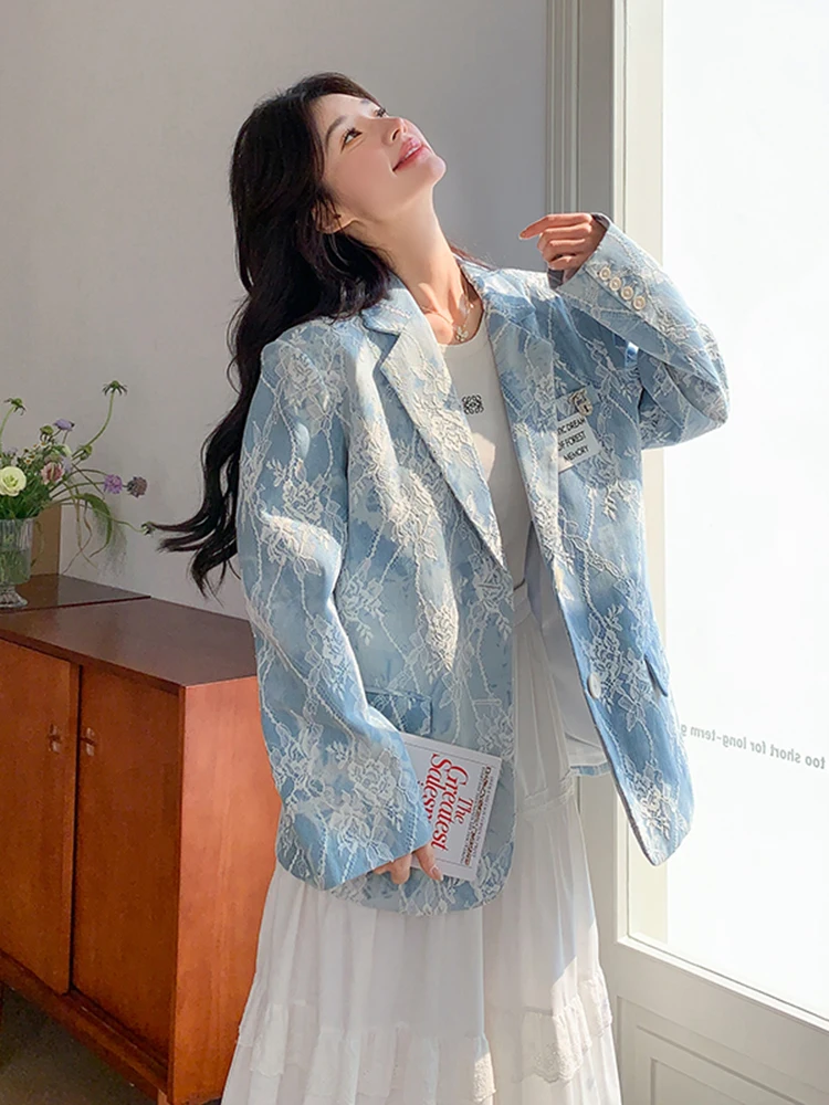 Blue embroidered jacquard denim suit jacket women Spring Autumn 2025 new style unique beautiful high-end and casual suit
