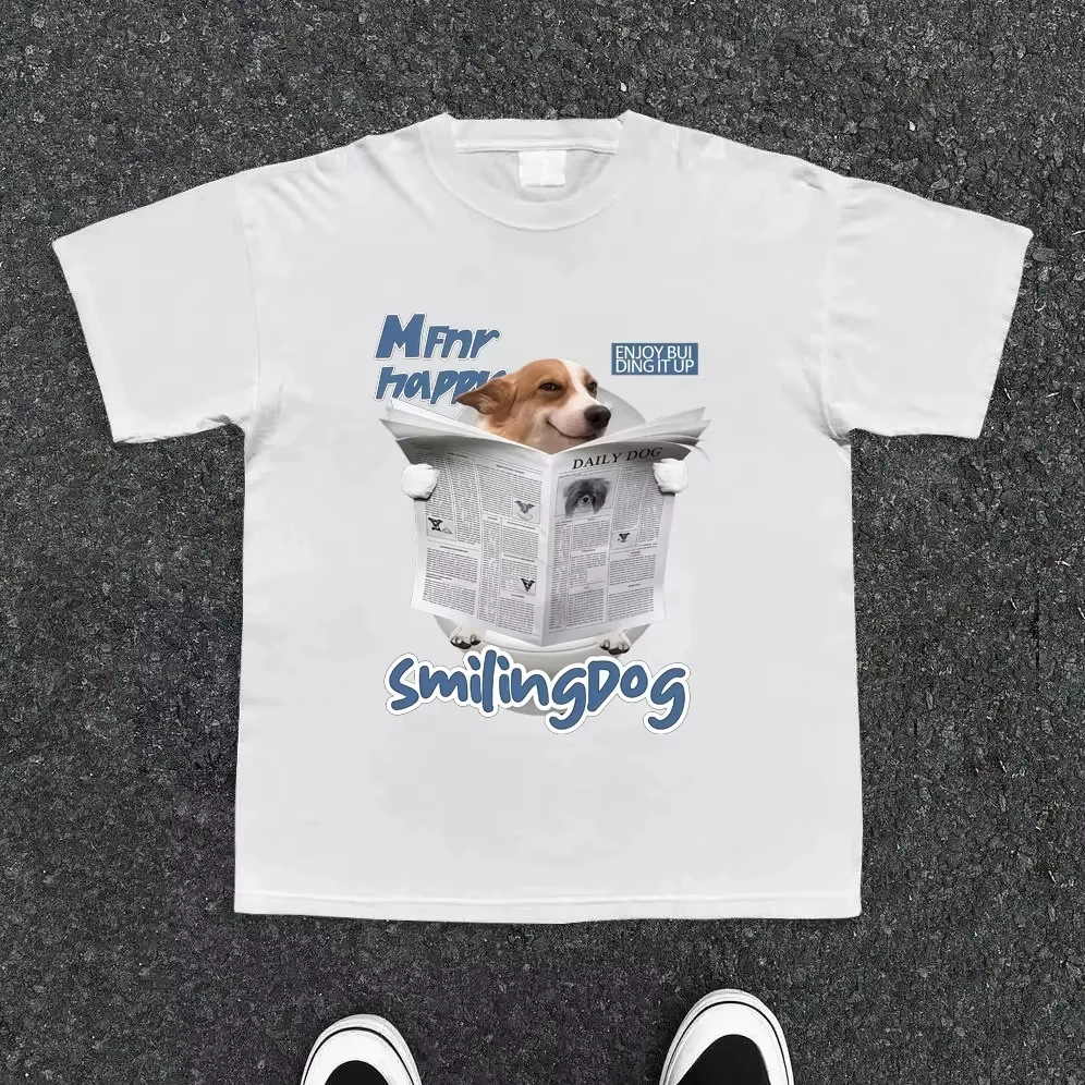 

Corgi Newspaper Print T-shirt Casual Oversized Long Sleeve Soft Breathable Funny Printed Tee Graphic Anime Style Streetwear T