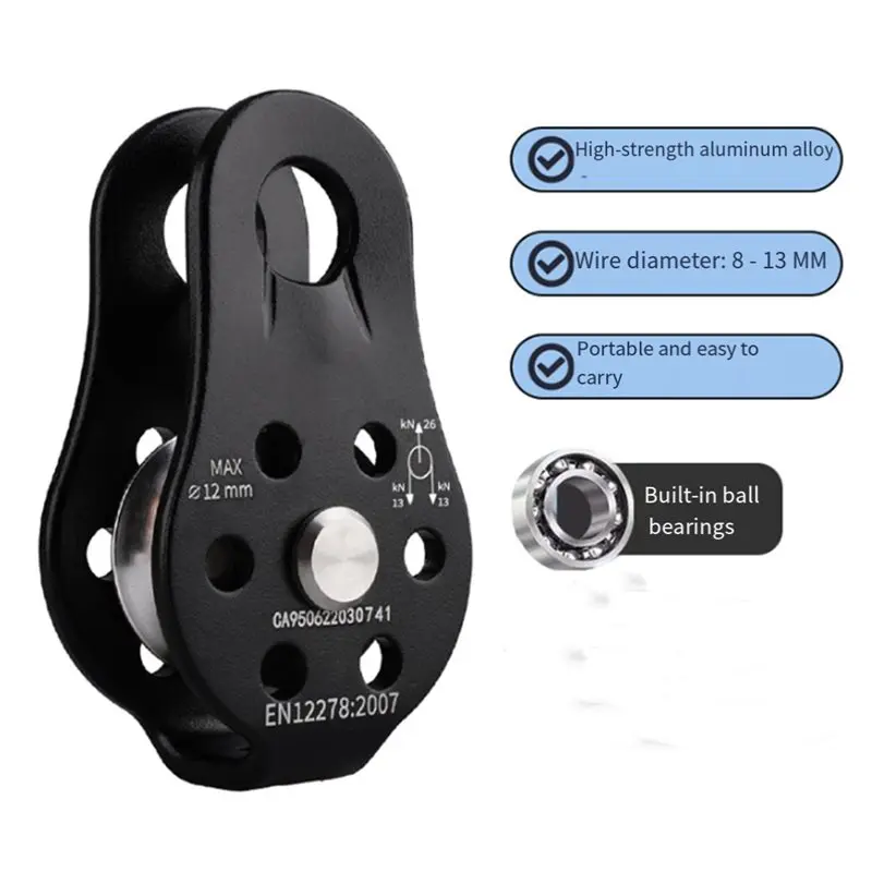 A61P Aluminum Single Swivel Climbing Pulley 26KN Heavy Duty Rope Pulley Set For 12Mm Rope/Hauling/Transportation