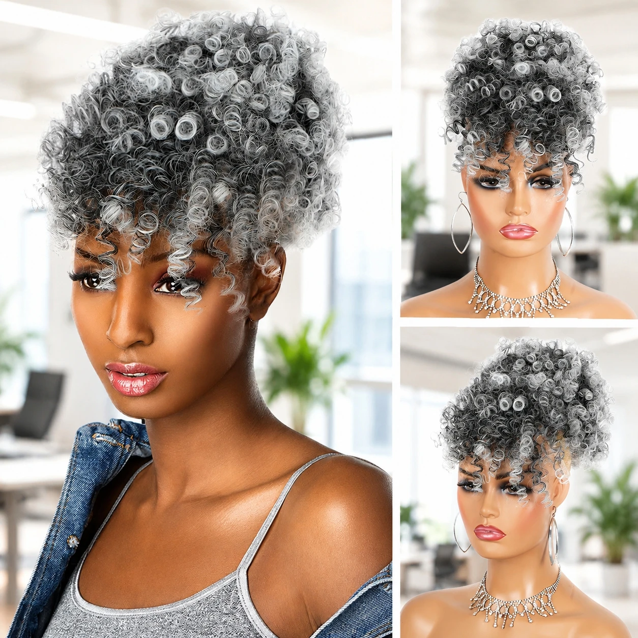 Queue de cheval bouclée afro grise mélangée, extension de chignon volumineux de 12 pouces, postiche synthétique résistant à la chaleur pour usage quotidien