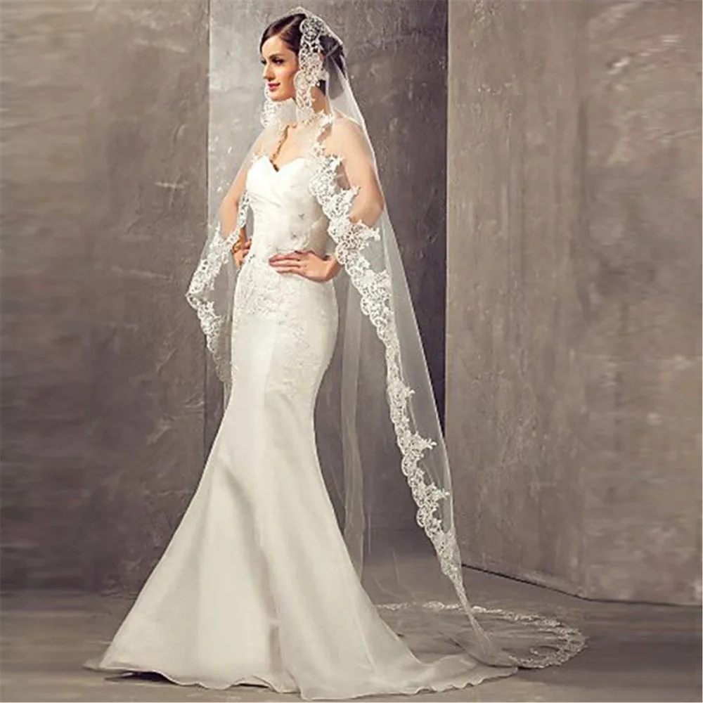 

Элегантная свадебная фата с кружевным краем, длинная роскошная фата с расческой, тюль, однослойная, 3-метровые свадебные аксессуары для невесты