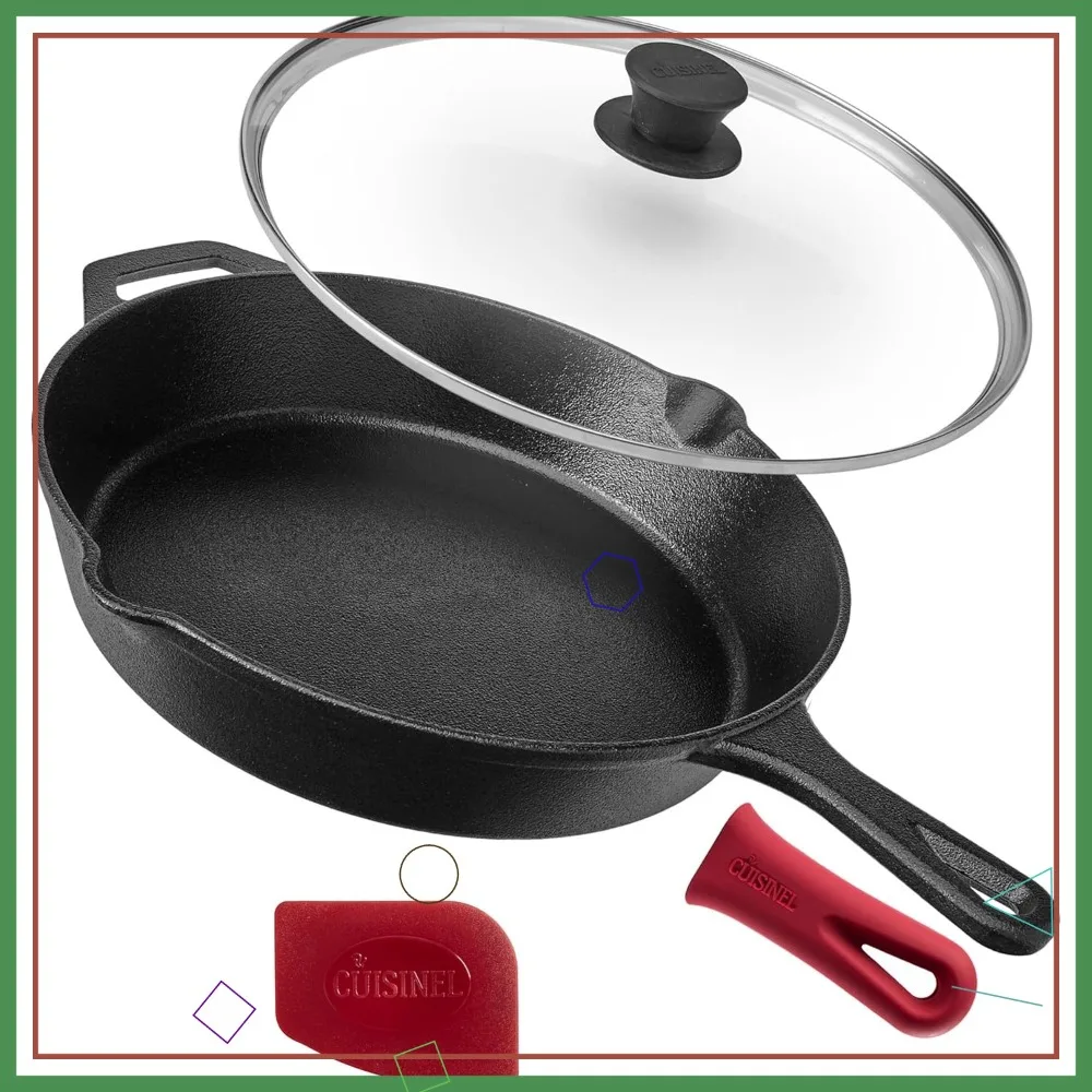 

12-Inch Pre-Seasoned Cast Iron Skillet with Glass Lid & Silicone Holder - Oven Safe, PFAS/PFOA-Free for Indoor/Outdoor Cooking