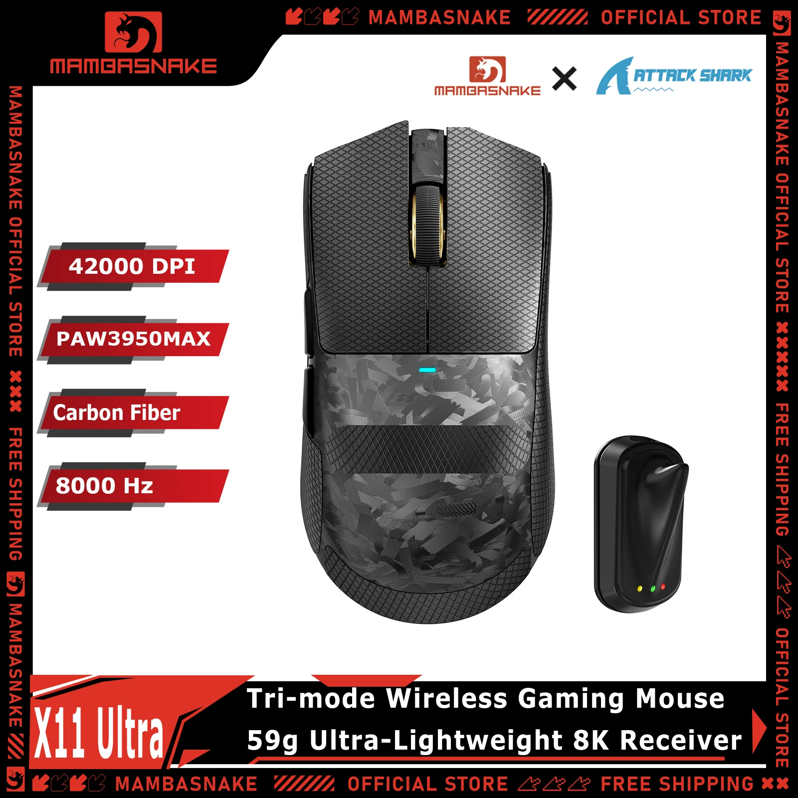 

ATTACK SHARK X11ULTRA Carbon Fiber Wireless Gaming Mouse,8K Polling, PAW3950MAX Gaming Sensor,59g Ultra-Lightweight,Nordic 54L15
