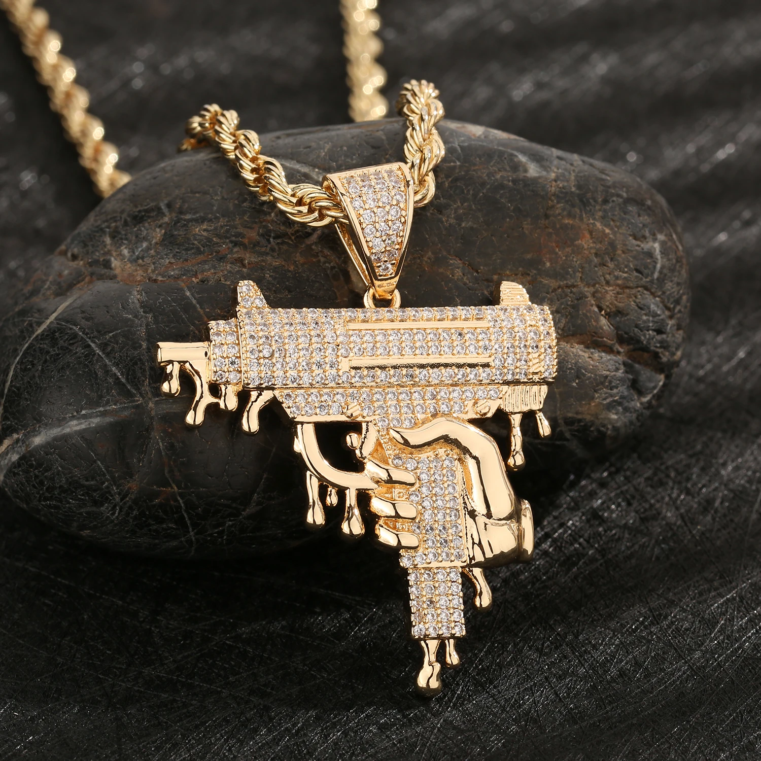 Free shipping VRIUA game style UZI gun pendant 14K gold plated inlaid moissanite tricolor military style men's jewelry