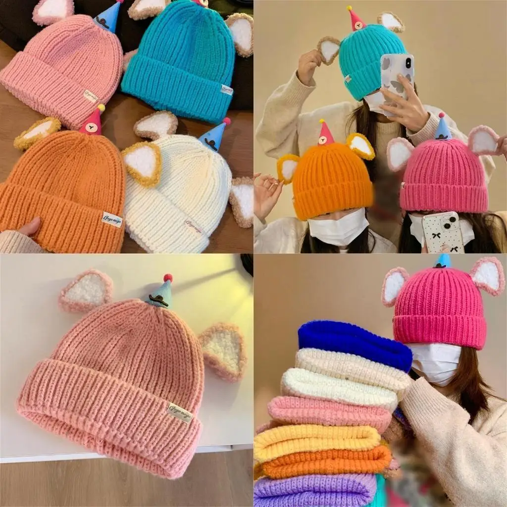 

39BD Comfortable Knitted with Ear Essential Winter Gear Acrylic Fiber Knitted Hat Casual Shopping Daily Wear