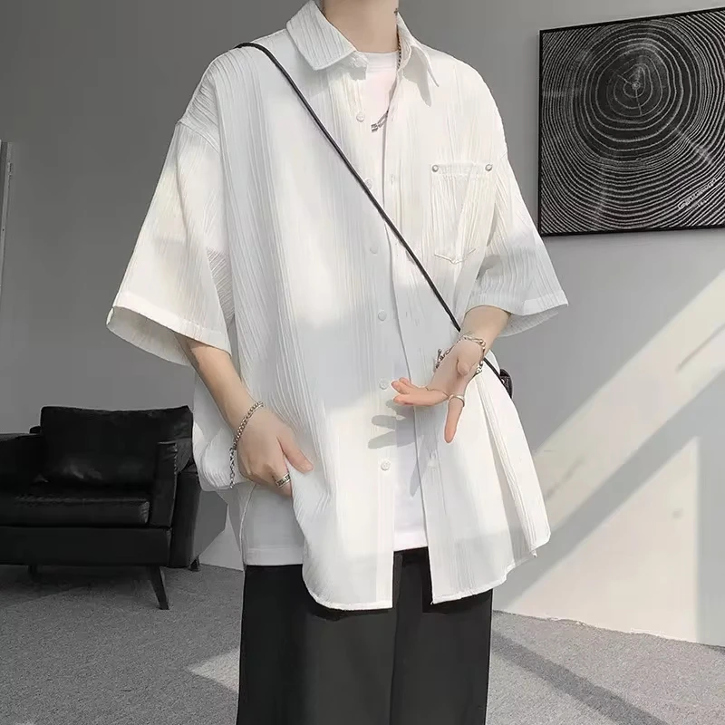 

Ice Silk Short-sleeved Shirt Men's Summer Thin Loose Casual Five-sleeve Shirt Design Sense of High Street Fashion Brand Coat