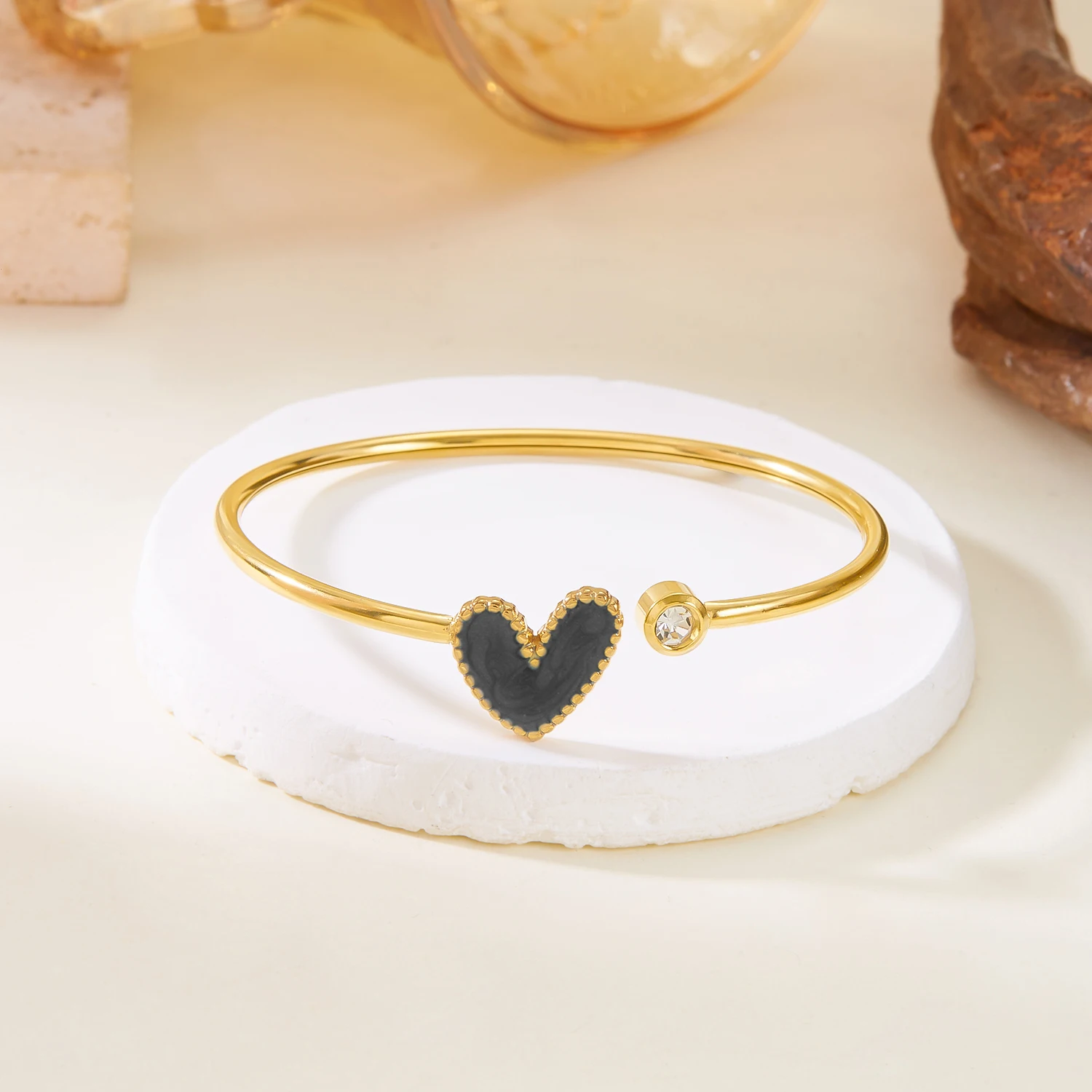 Neue Trendy Vergoldete Einfache Herz Manschette Armreifen für Frauen Hohe Qualität Edelstahl Kristall Armbänder Wasserdicht Schmuck – Detail 15