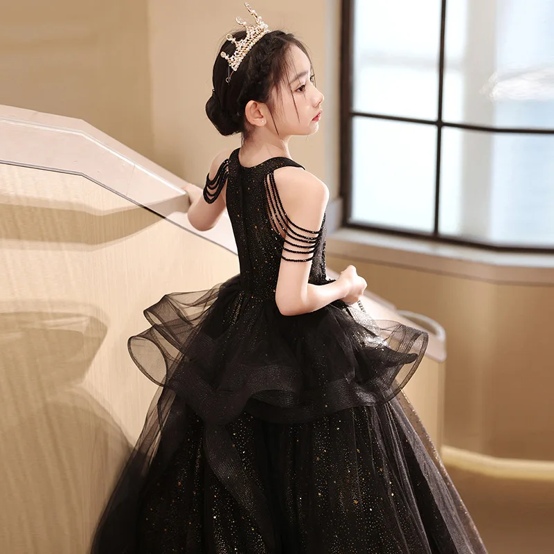 Girls Black Elegant Flower Beading Children Princess Wedding Bridesmaids Gown Kids Dresses baby Birthday Party ball Long dress