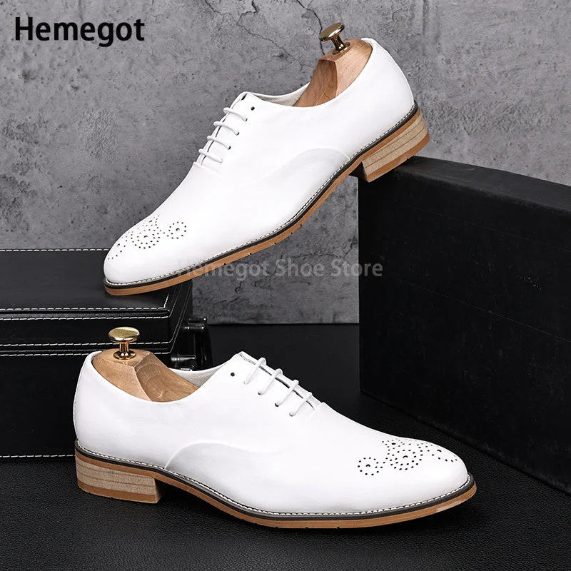 

White Carved Casual Leather Shoes Men's Brogue Shoes Black Business Formal Dress Pointed Toe Heightening Groom Wedding Shoes