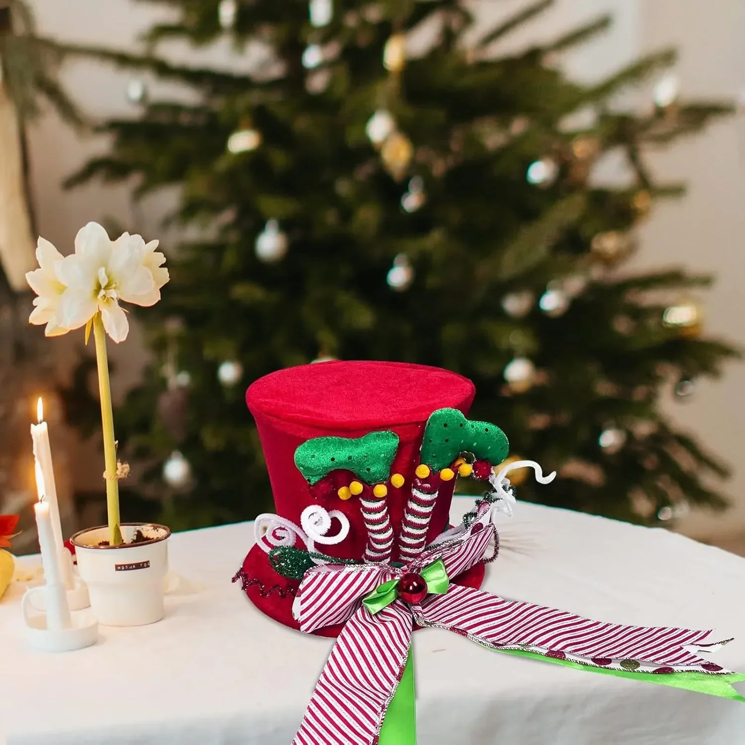 Christmas Tree Top Hat Elf Legs Theme Candy Stripe Bow Multiple Ribbon Layers Decoration for Living Room Party Store Window