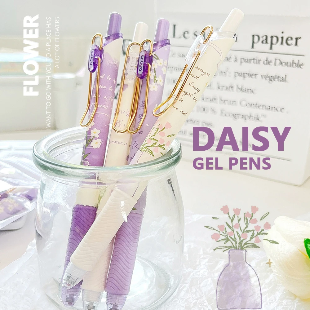 

4 Pcs/Set Cute Daisy Flower Gel Pen Quick-Drying Retractable 0.5mm Black Ink Pens Writing Stationery Student School Office