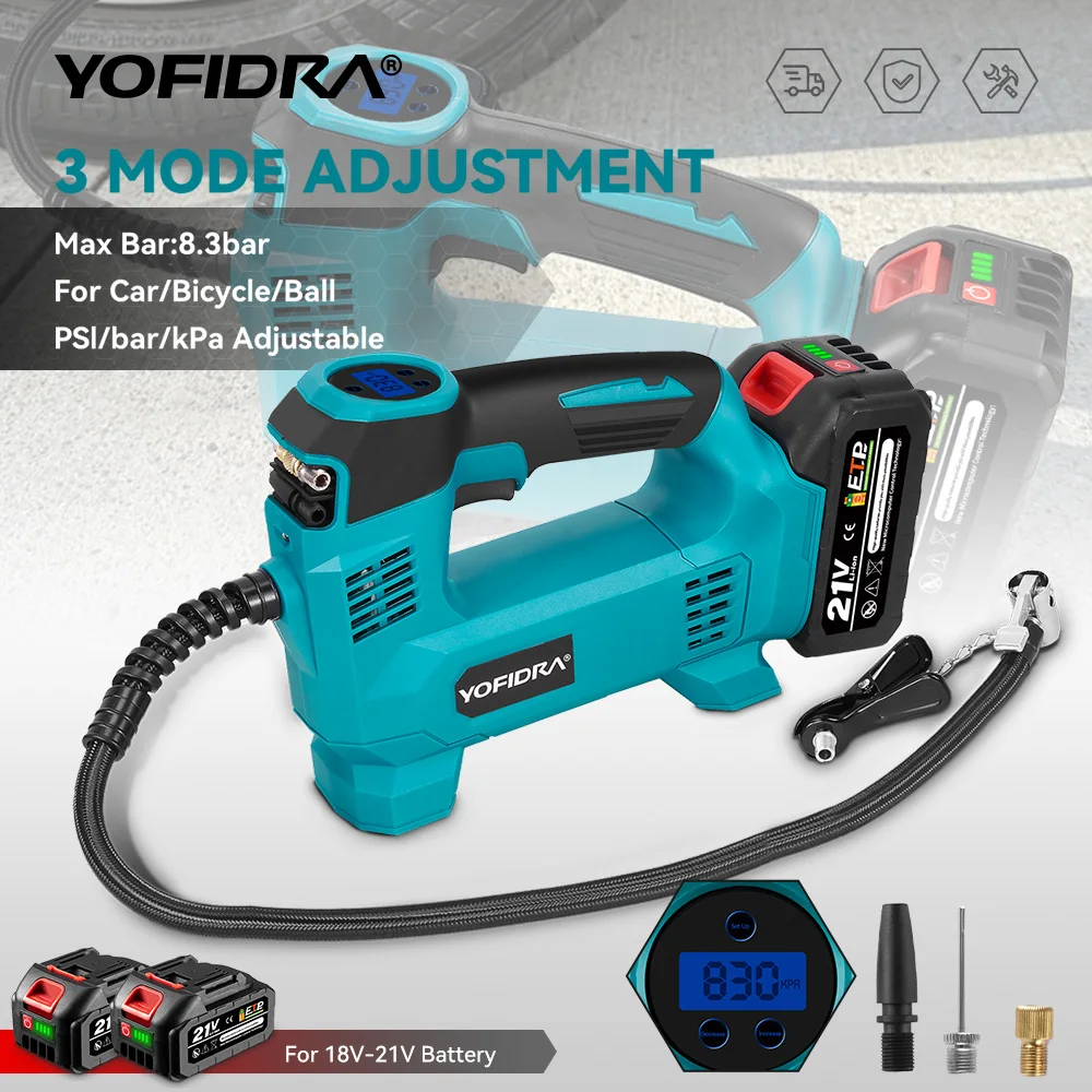 YOFIDRA Kabelloser elektrischer Luftpumpenkompressor, LED-Anzeige, wiederaufladbar, pneumatisches Werkzeug für Motorräder, für Makita 21 V Batterie-Pin