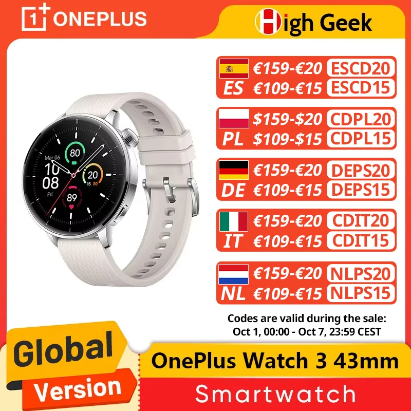 النسخة العالمية OnePlus Watch 3 43mm Smartwatch 1.32 بوصة AMOLED عرض يصل إلى 60H عمر البطارية Wear OS بواسطة Google GPS NFC