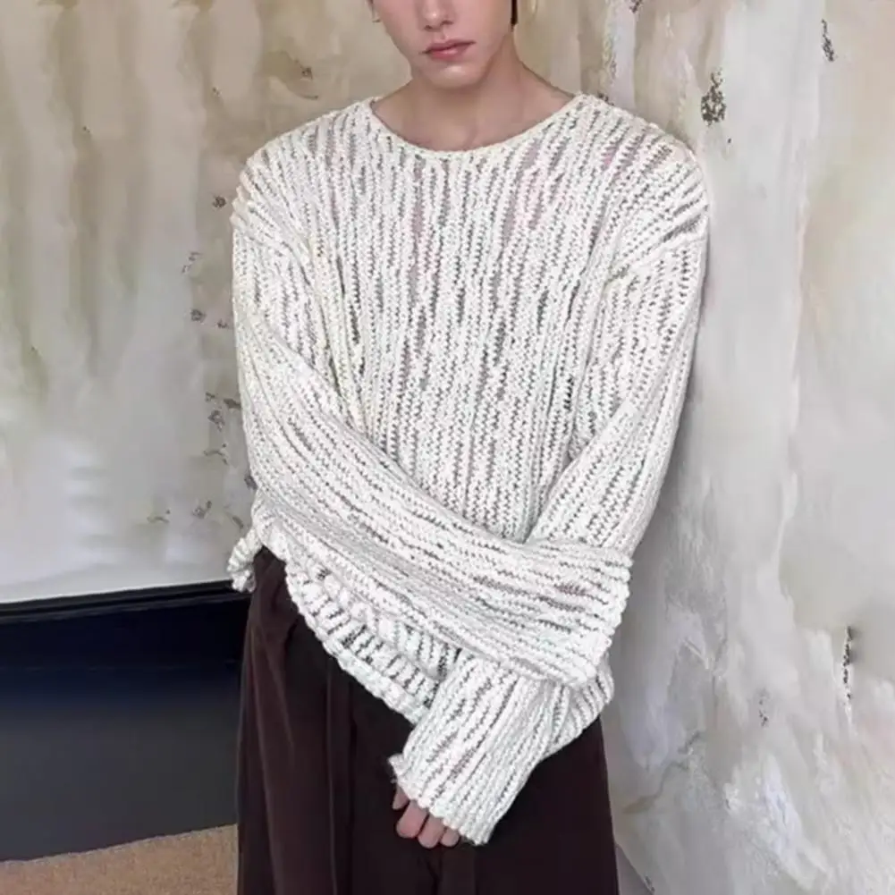 سترة رجالية بمنظور 2025 برقبة دائرية وأكمام طويلة مفرغة ومنظور مثير سترة رجالية غير رسمية ملابس علوية عصرية للشارع