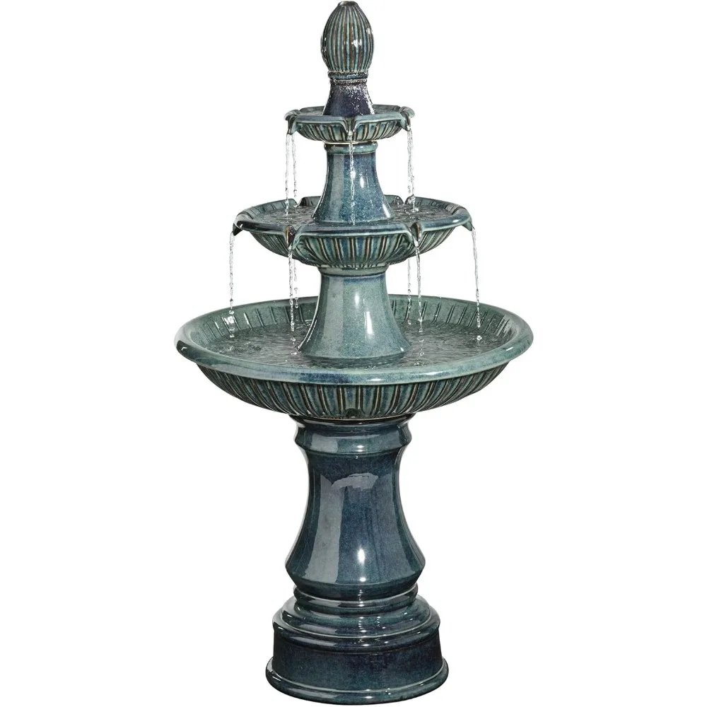 

Outdoor Cascading Floor Water Fountain, 3-Tier Teal Blue Ceramic 46" for Yard Garden Patio Backyard Deck, Waterfall Fountain