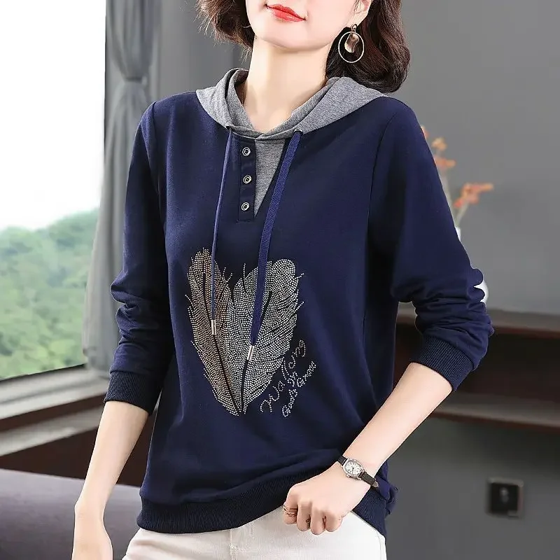 

Women Rhinestone Patchwork Hooded Sweatshirts 2025 Autumn Korean Fashion Casual Streetwear Hoodies Long Sleeve Loose Cotton Tops