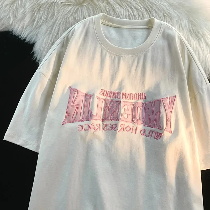 خمر النمط الأمريكي الشارع الطباعة قصيرة الأكمام تي شيرت للنساء العلامة التجارية العصرية نصف كم الخمول نمط أعلى الجرافيك تي شيرت