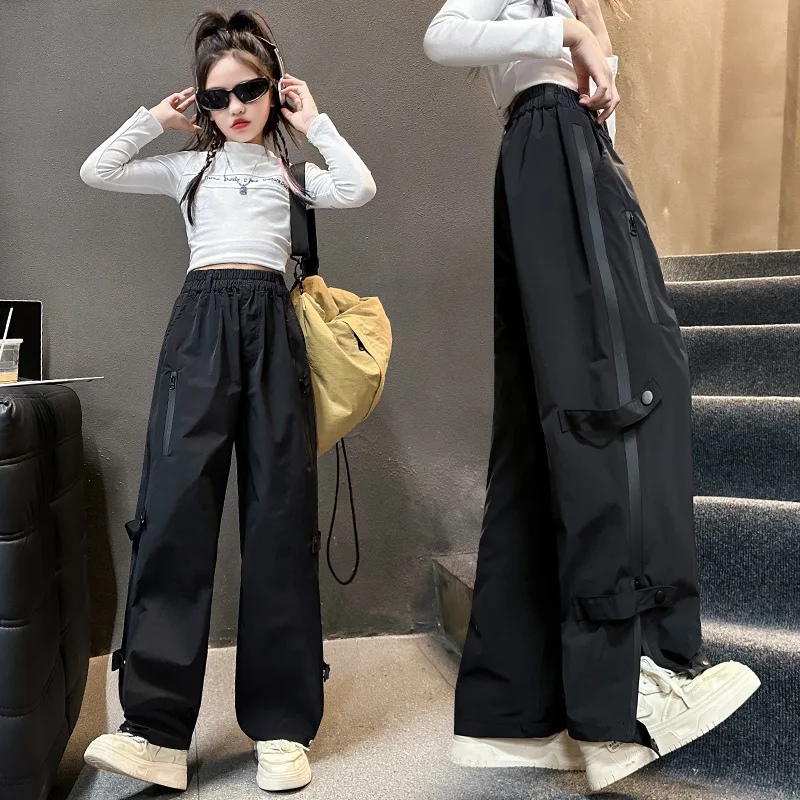 

Child Street Trackpants Kids Black Cargo Pants with Side Zipper Button for Tweens Girl High Fashion Hip Hop Trousers Sweatpants