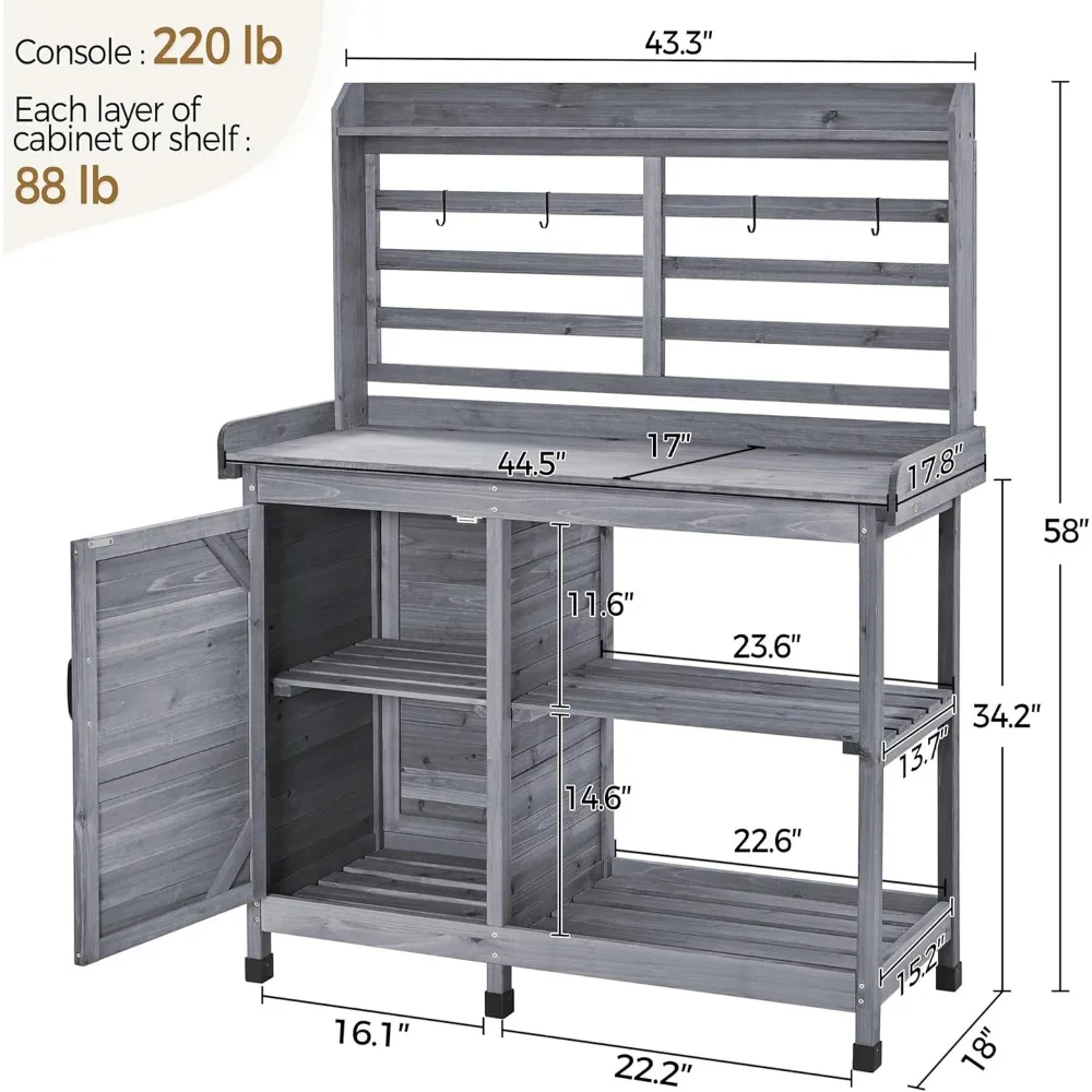 Outdoor Potting Bench, Large Horticulture Work Table Workstation with Storage Cabinet Shelf & Planting Working Console for Patio