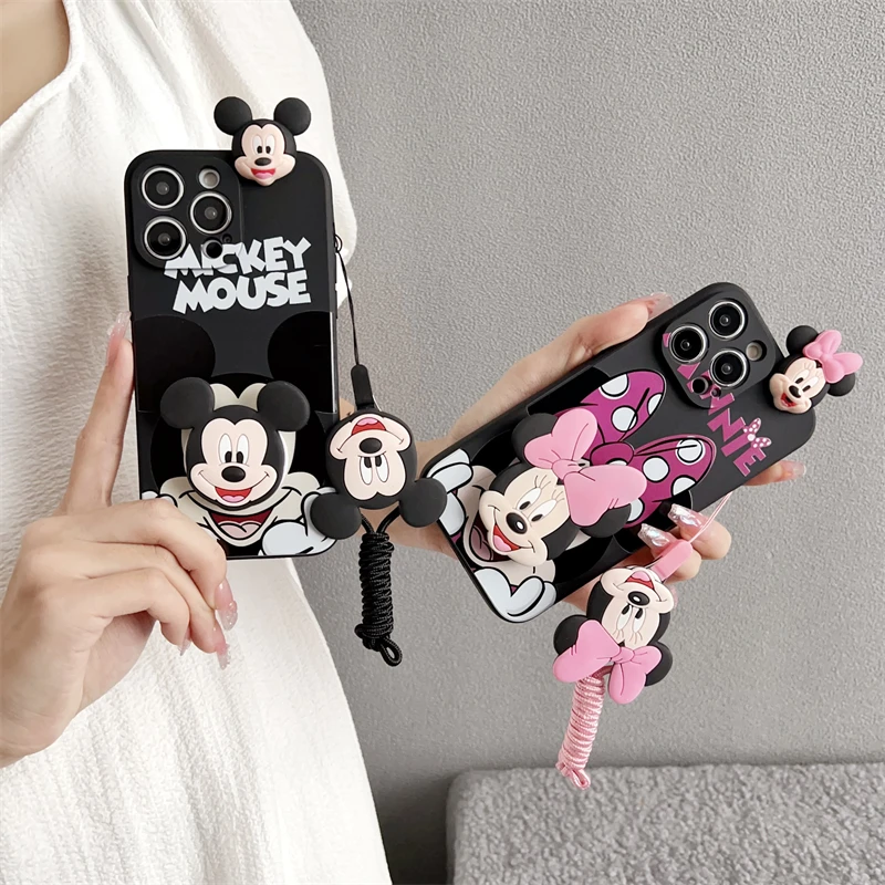 3D Minnie Mickey Cartoon Telefoon Case Voor Motorola Moto Edge 50 Fusion 40 30 20 Pro Plus Lite Ultra S x40 Houder Met Touw Cover