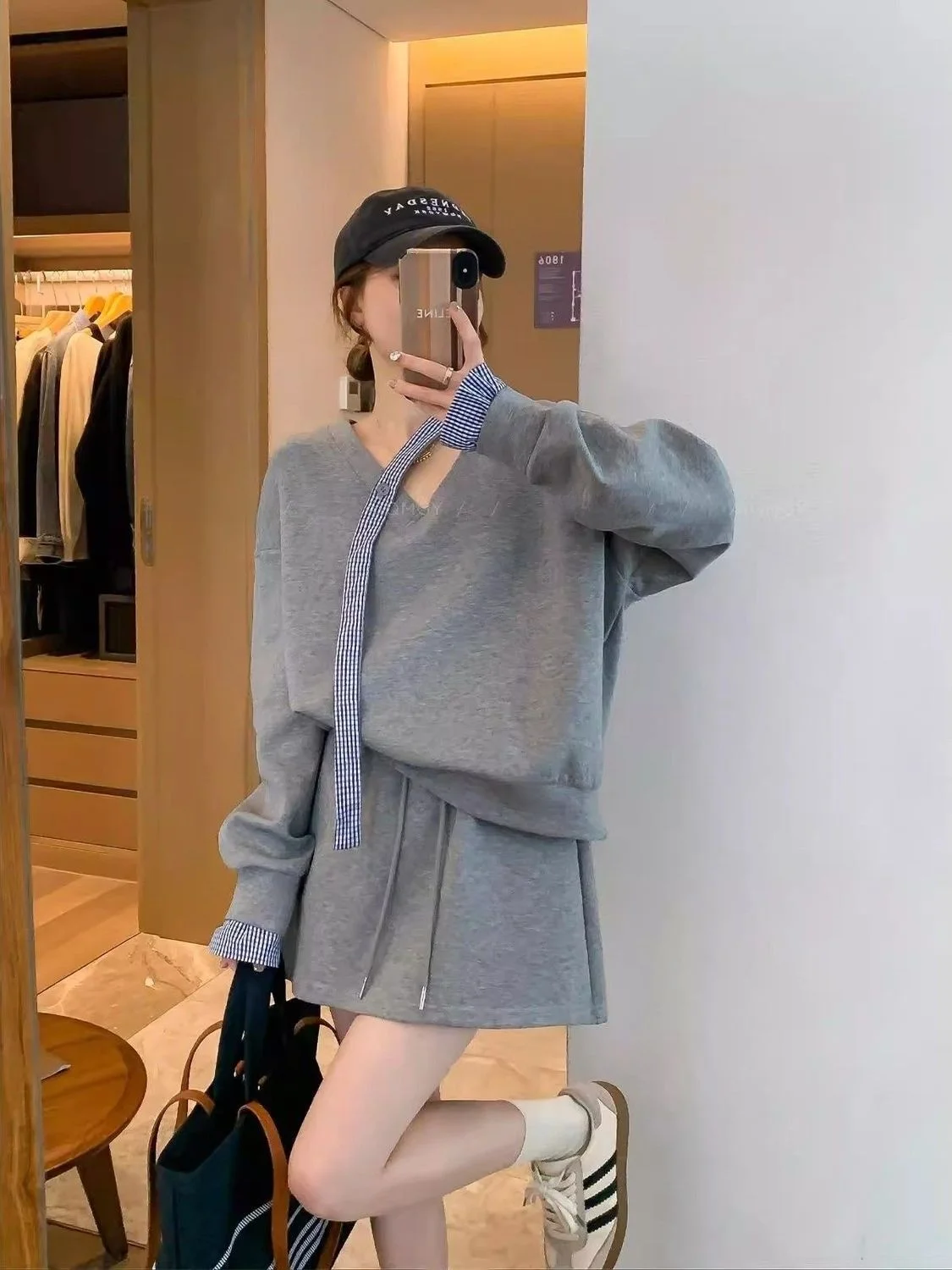 

Женский комплект из худи и юбки в клетку больших размеров, весенне-осенний, в корейском стиле, удобный, дышащий, износостойкий