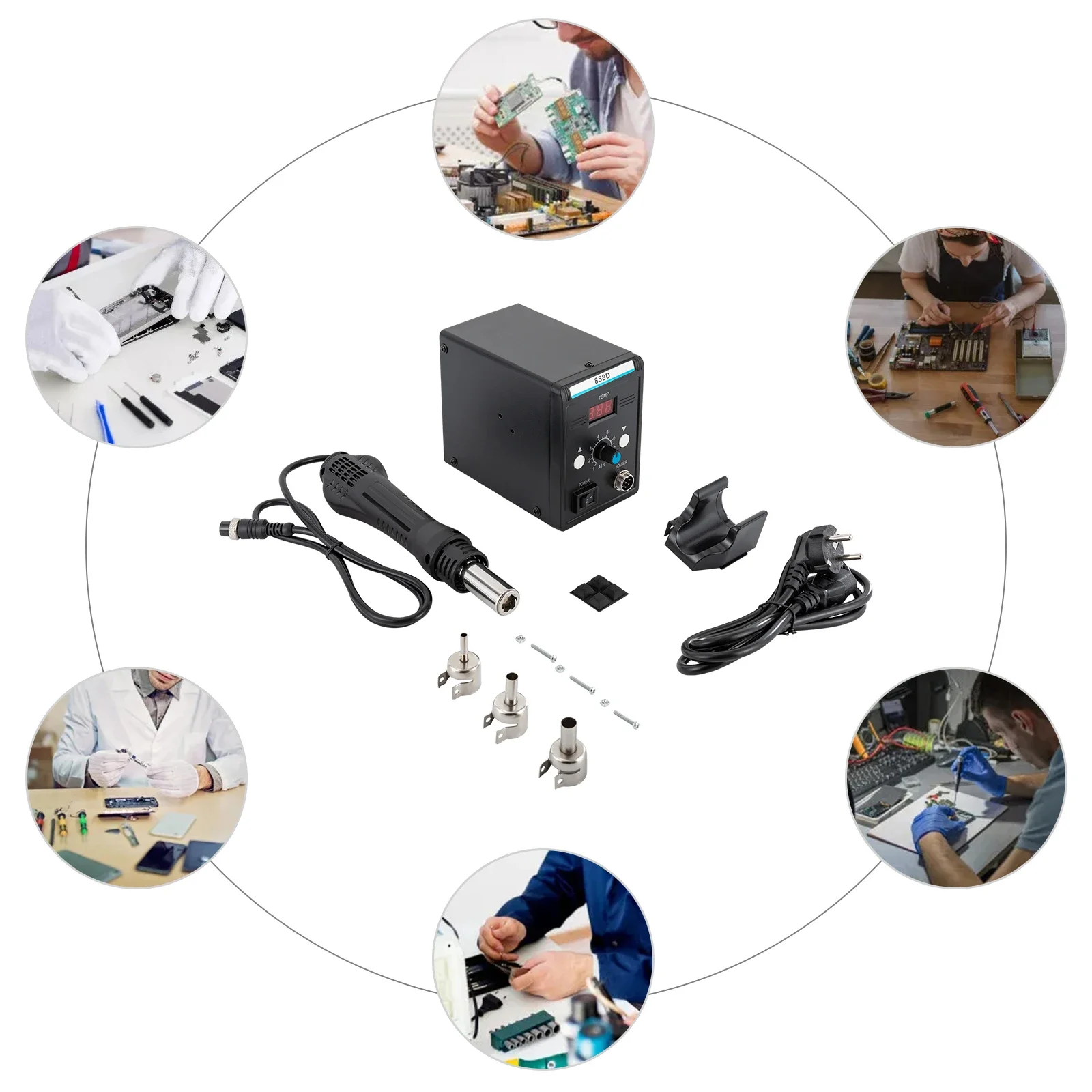 محطة إعادة تشغيل الهواء الساخن 858D لإصلاح الإلكترونيات لحام ديسولديرينغ، محطة لحام SMD 220 فولت مع مسدس هواء ساخن + 3 فوهات #4