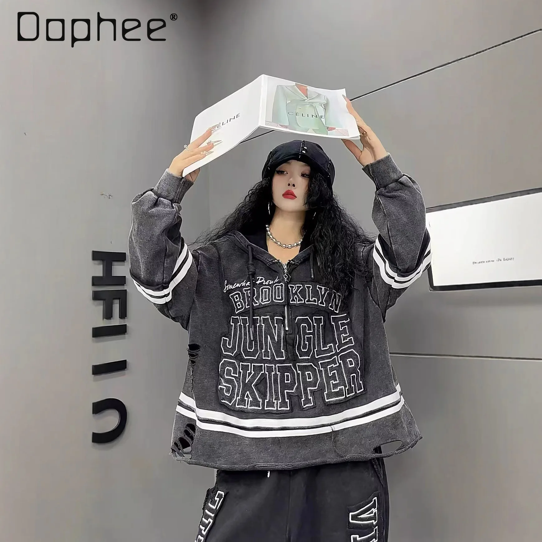 

European Style Women's Sweatshirt 2025 Autumn New Personalized Letter Patch Striped Zipper Stand Collar Loose Ripped Top