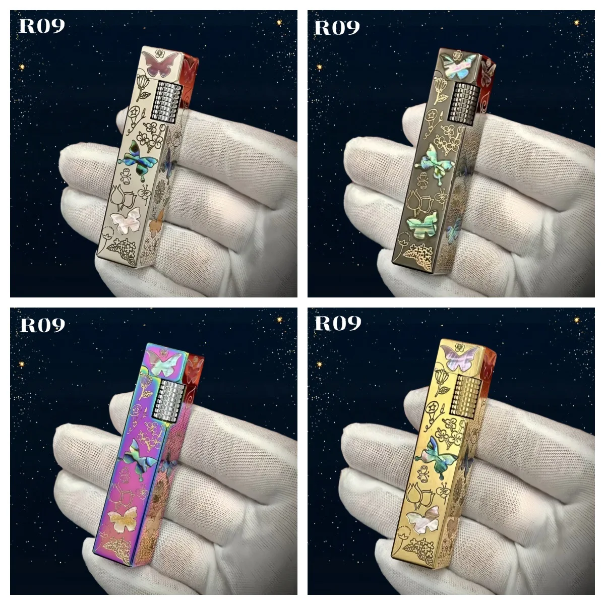 R09 Long Strip Small Square Brass Four-color Lighter, Side Slip Ignition, Collection of Men's Gifts, Good-looking Pattern