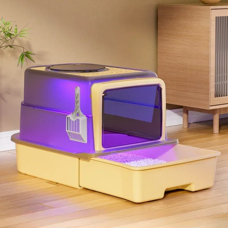 Jumbo Cat Sandbox UV Sterilized Cat Litter Box with Drawer Totally Closed Cat Litter Pan Large Capacity Odor Removal Cat Toilet
