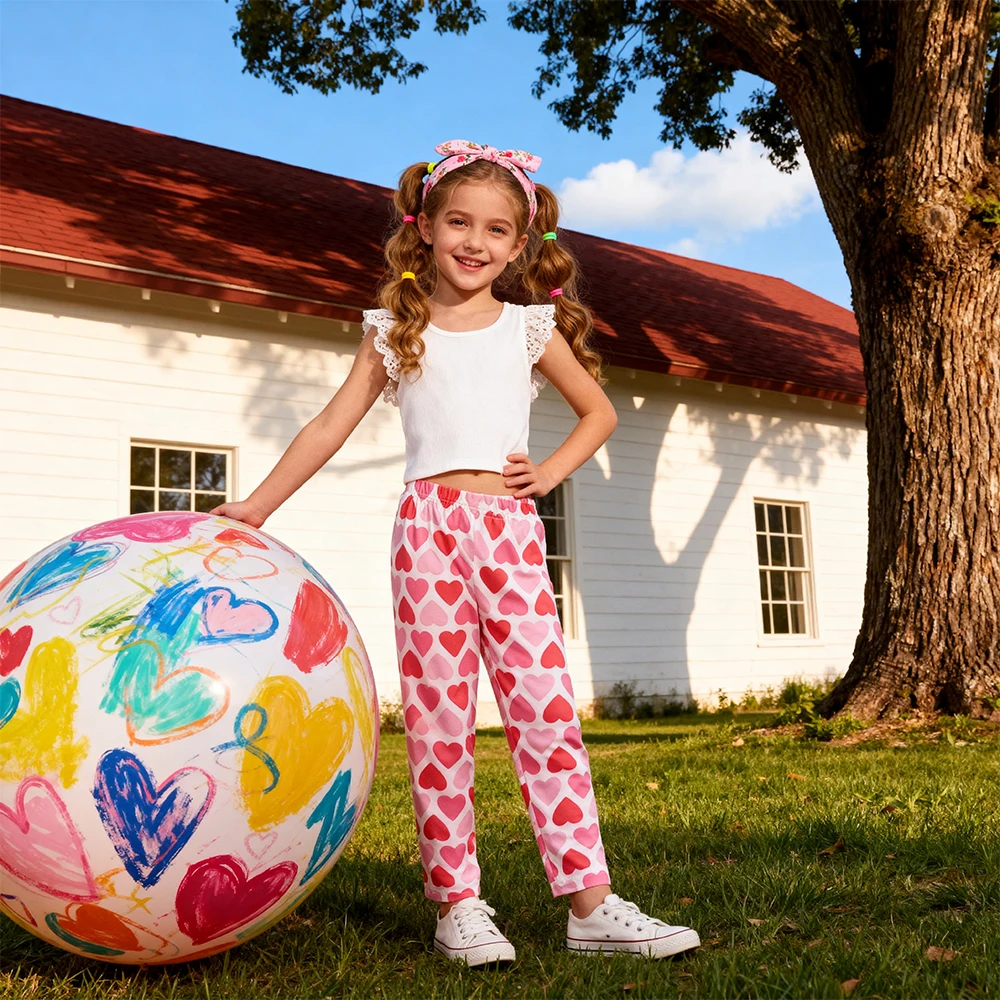 DXTON Children Long Trousers Spring Summer Girls Daily Pants Outfits Heart Printed Fashion Casual Kids Outerwear Leggings 3-12Y