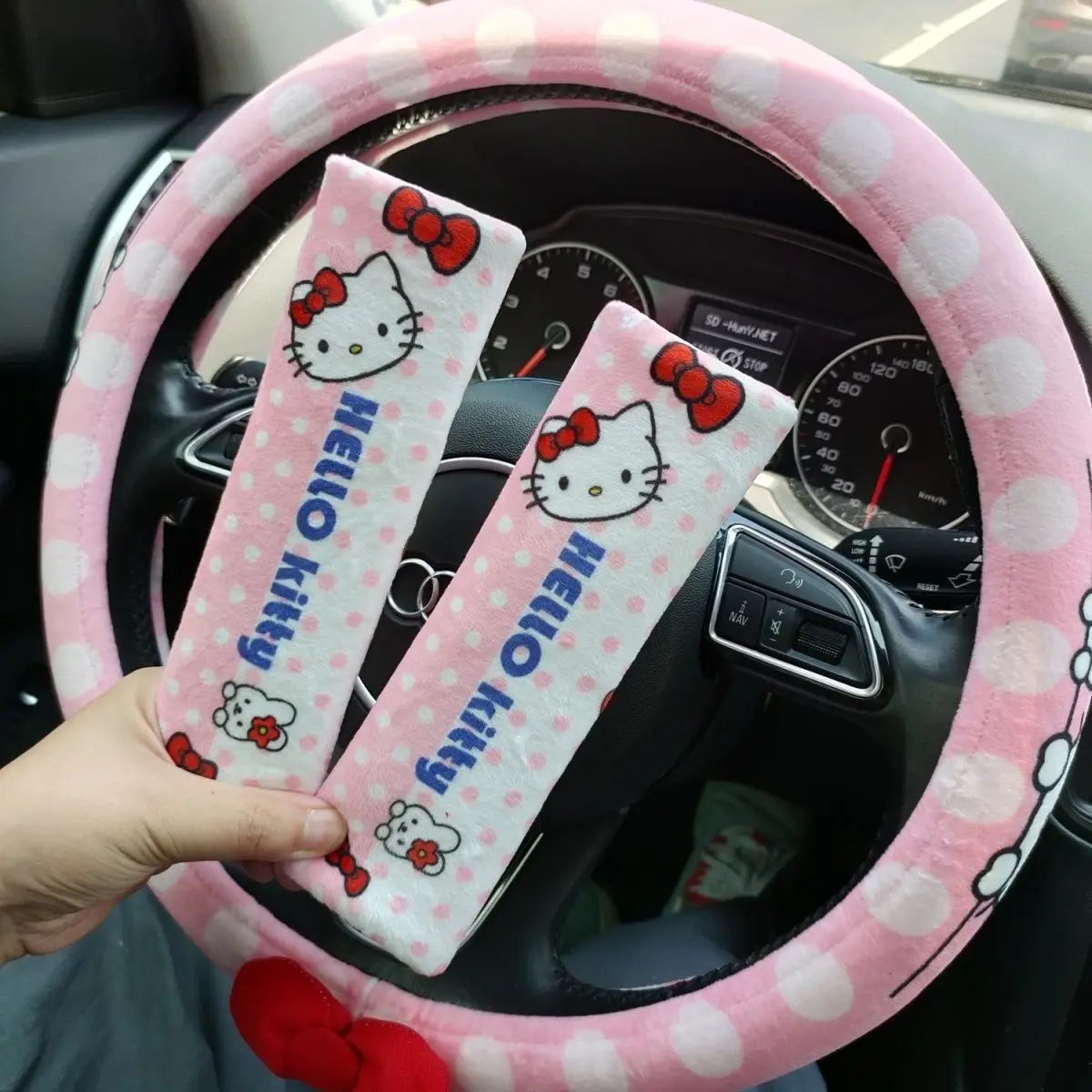 

New Car Steering Wheel Cover Lovely Cartoonish Kitty Handle Cover Universal Seat Belt Shoulder Pad Car Decoration Accessories