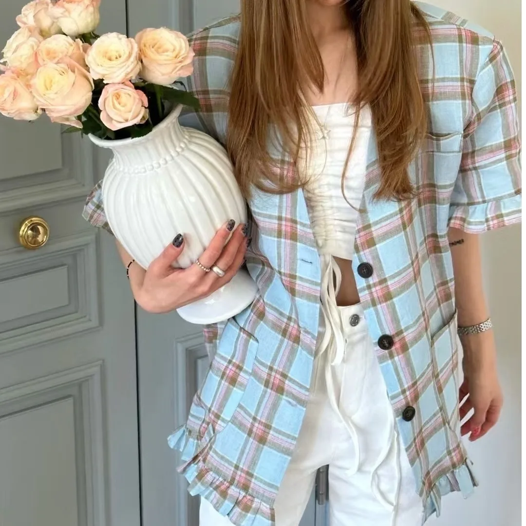 

Женский повседневный костюм в клетку ort Sve Jaet, свободный корейский вариант, весеннее новое поступление с цветочным принтом