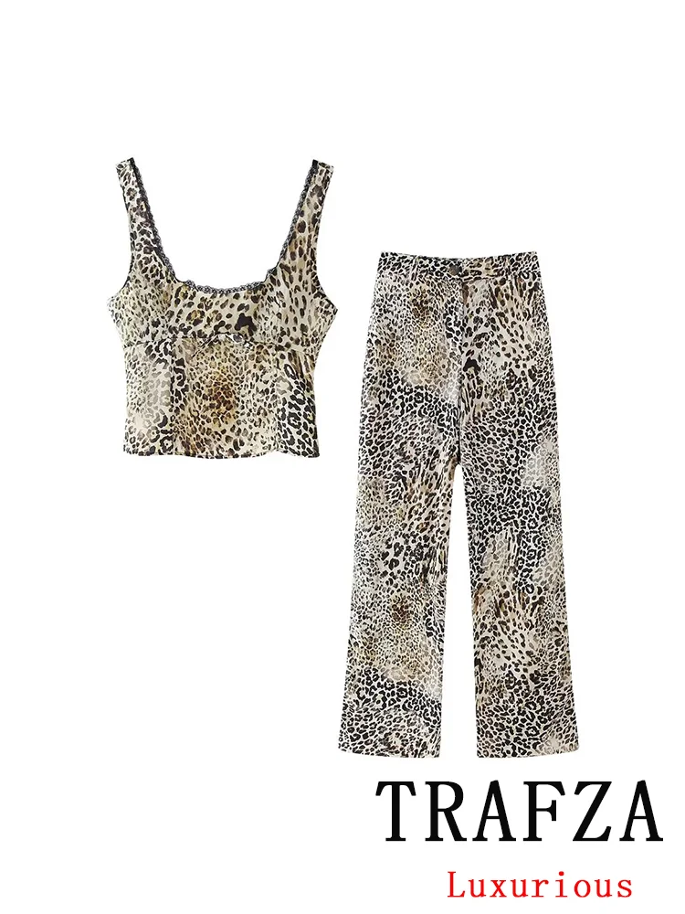 TRAFZA Vintage Casual Chic Leopard Print Women Suit Sleeveless Bow Cami Top Loose Long Zipper Pants New Fashion 2024 summer Sets