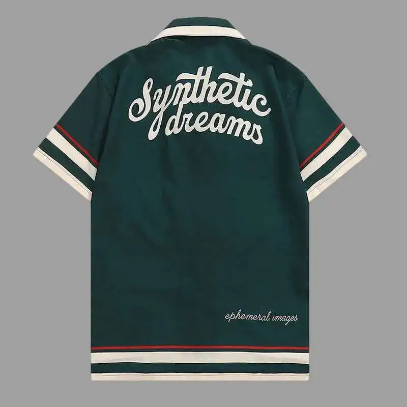 Camicia da uomo Casual a maniche corte con stampa retrolettera di colore verde a contrasto camicia Streetwear Camisa Masculina Moda Hombre