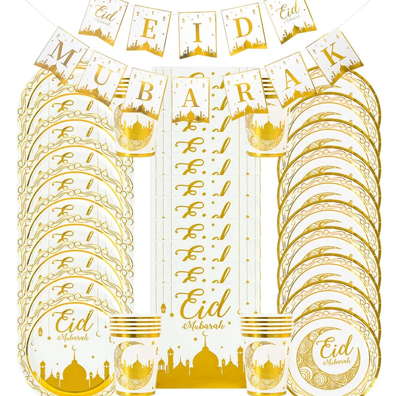 Eid Mubarak Einweg Geschirr Sets Ramadan Dekoration Gold Mond Banner Pappteller Tassen Für Muslim Islamischen Party DIY Dekor