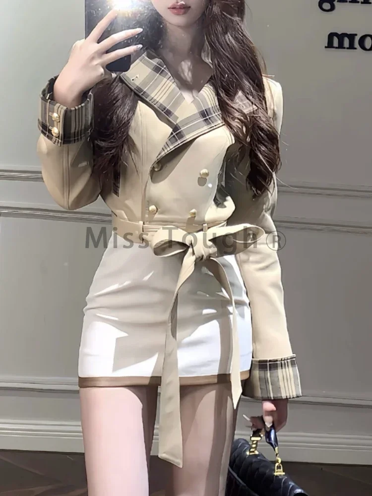 Winter Japanese Sweet Plaid 2 Piece Set Women Designer Belt Coat + White Mini Skirt New Design College Style Fashion Suit 2024