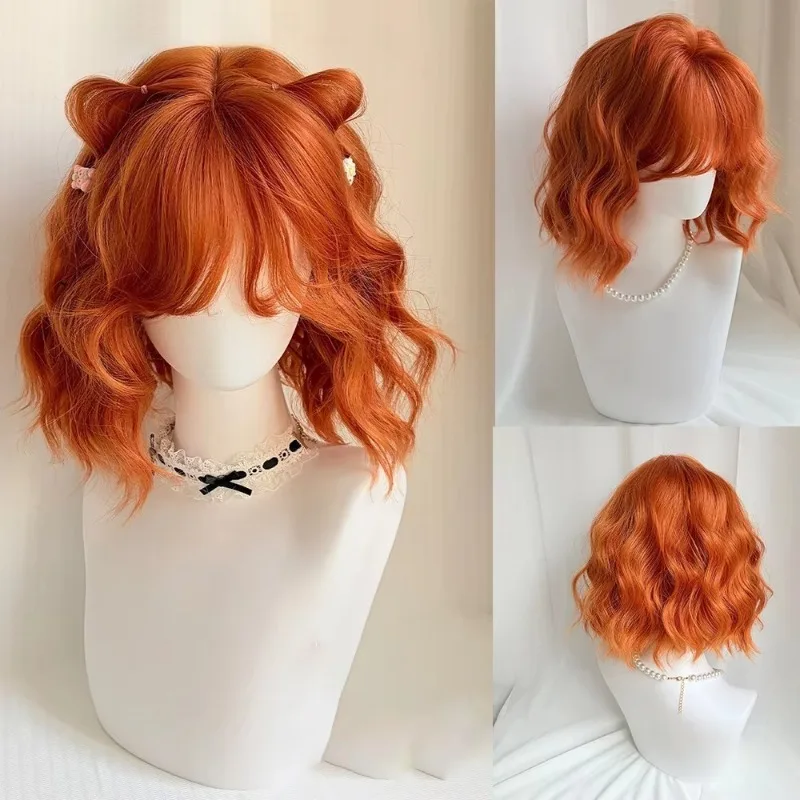 Short Wavy Orange Synthetic Wig with Bangs 12 Inch Curly Lolita Women Daily Role Play Heat Resistant